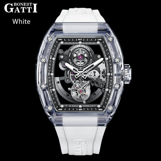 BONEST GATTI Tourbillon K9 Crystal Transparent Case Tonneau watch Skeleton Movement Watch Fluororubber Strap BG7001 - Top G Watches