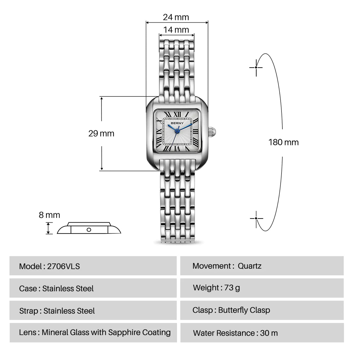 BERNY 2706VLS Women's Square Textured Dial Watch – Japanese Quartz - Top G Watches
