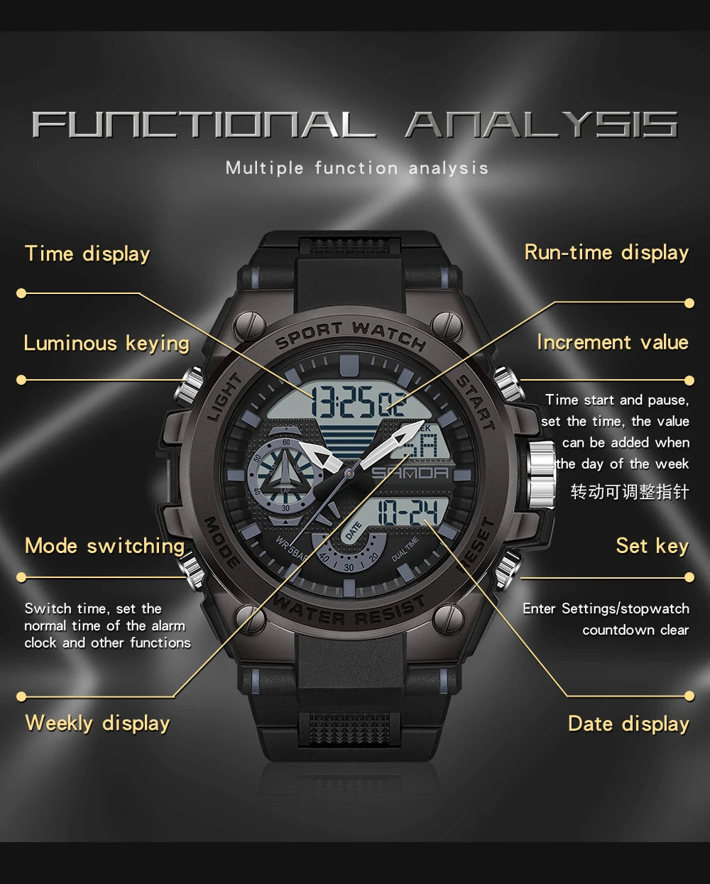 SANDA 3302 Digital LED Sports Watch - Waterproof Shock Resistant