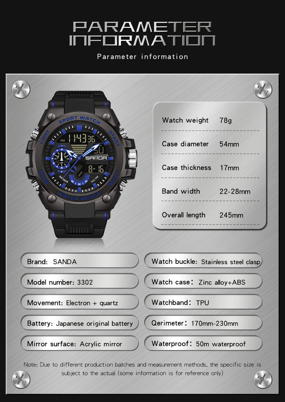 SANDA 3302 Digital LED Sports Watch - Waterproof Shock Resistant