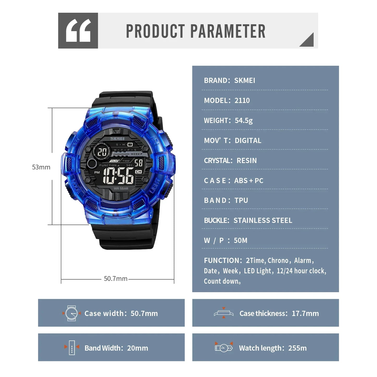 Transparent Series SKMEI 2110 5Bar Waterproof Japan Movement Sports Watch - Top G Watches