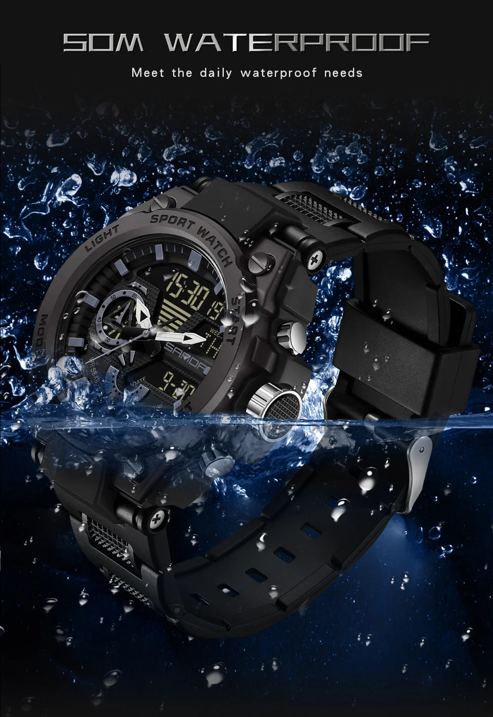 SANDA 3302 Digital LED Sports Watch - Waterproof Shock Resistant
