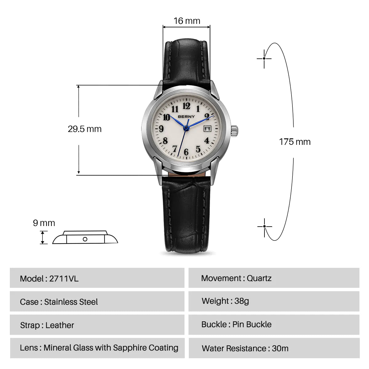 BERNY 2711VL Women's Classic Quartz Dress Watch – Leather Strap - Top G Watches