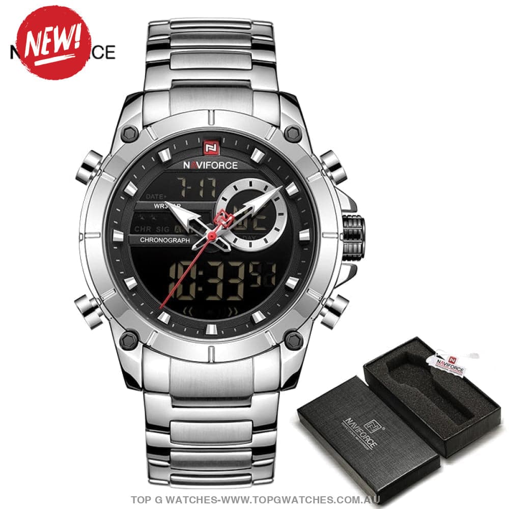 Gold NaviForce Men Sports Dual Analogue Quartz Digital 3ATM Waterproof Watch - Top G Watches