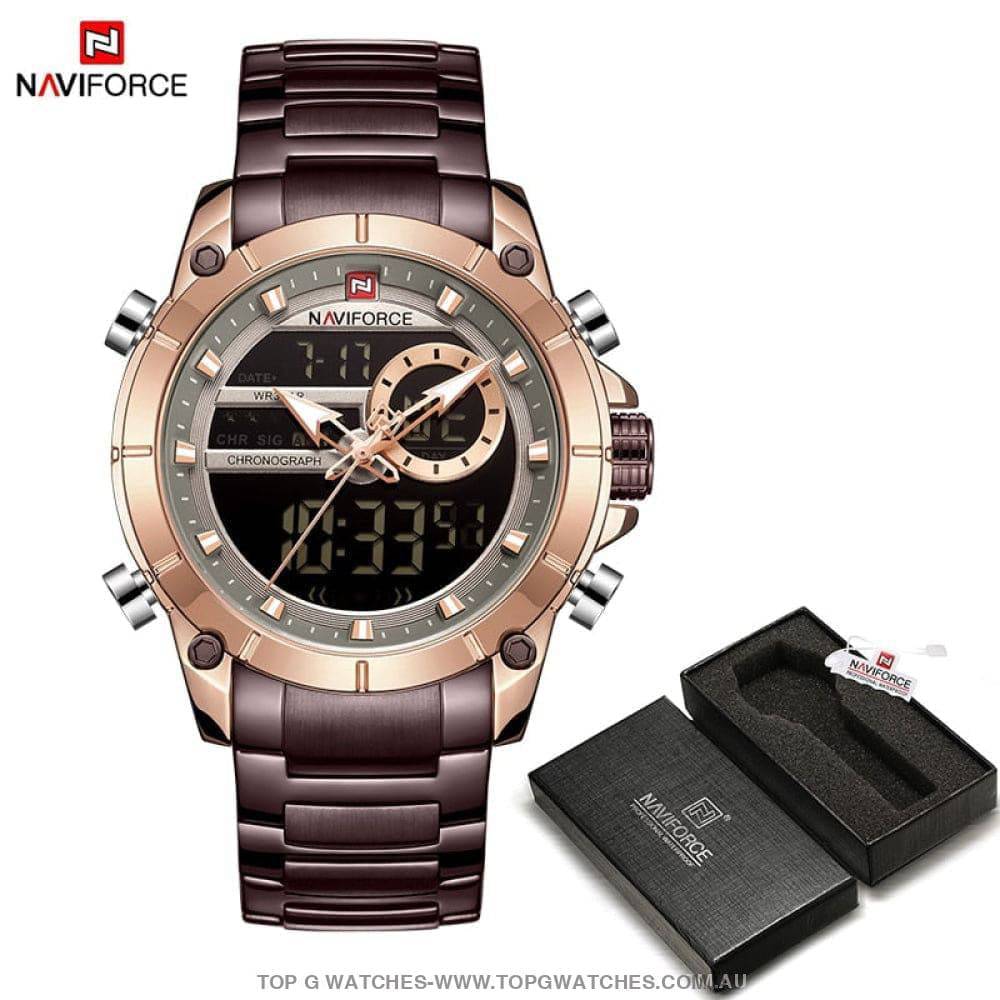 Gold NaviForce Men Sports Dual Analogue Quartz Digital 3ATM Waterproof Watch - Top G Watches