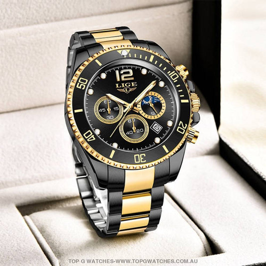 Luxury Lige' 24Hour Moon Phase Sport Waterproof Quartz Chronograph Business Wrist Watch - Top G Watches