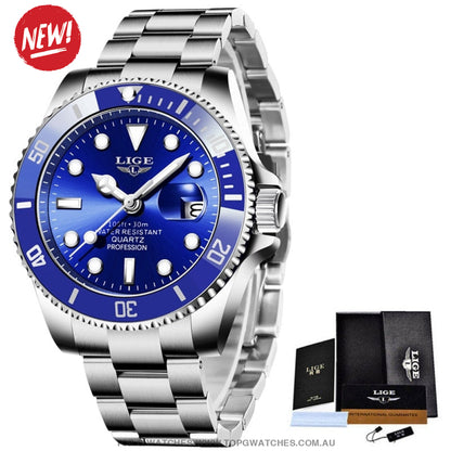 2023 Luxury Lige Profession Subdiver Chronograph Quartz Crystal Wristwatch Blue Silver Mens Watches
