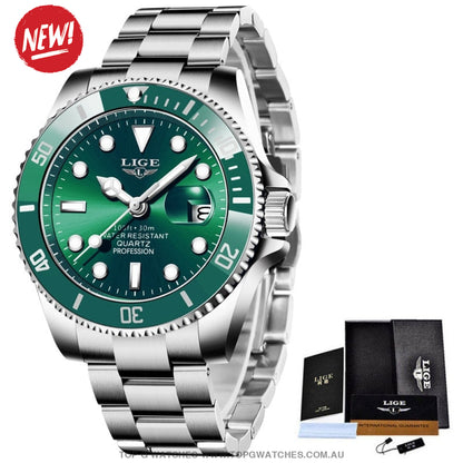 2023 Luxury Lige Profession Subdiver Chronograph Quartz Crystal Wristwatch Green Silver Mens Watches