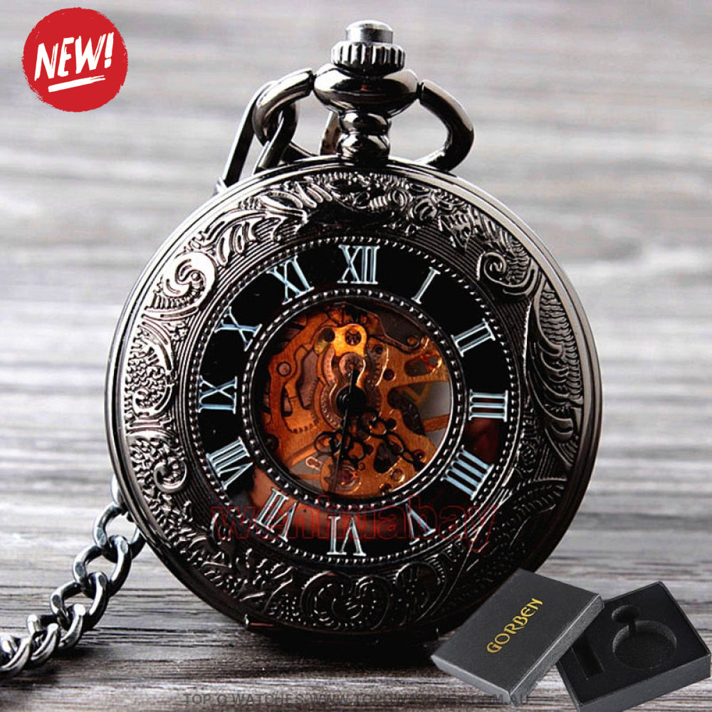 Mechanical Hollow Skeleton Hardware Dial Gold Silver Black Steel Quartz Pocket Chain Watch - Top G Watches