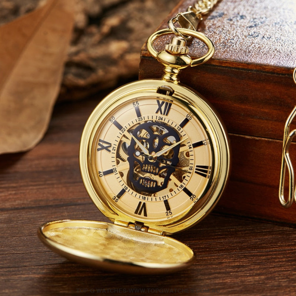 Mechanical Hollow Skeleton Hardware Dial Gold Silver Black Steel Quartz Pocket Chain Watch - Top G Watches