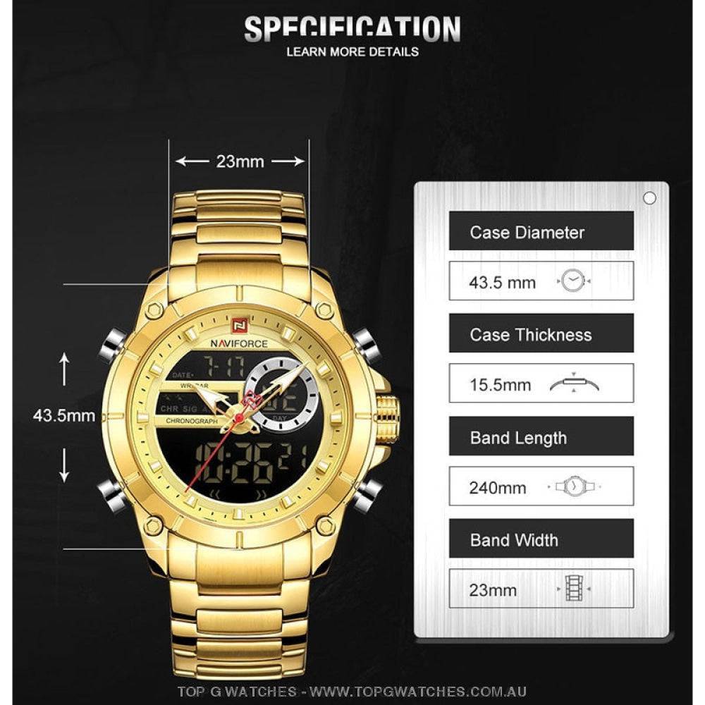 Gold NaviForce Men Sports Dual Analogue Quartz Digital 3ATM Waterproof Watch - Top G Watches