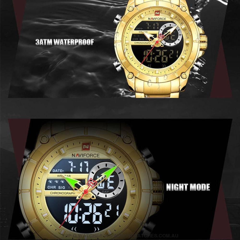 Gold NaviForce Men Sports Dual Analogue Quartz Digital 3ATM Waterproof Watch - Top G Watches