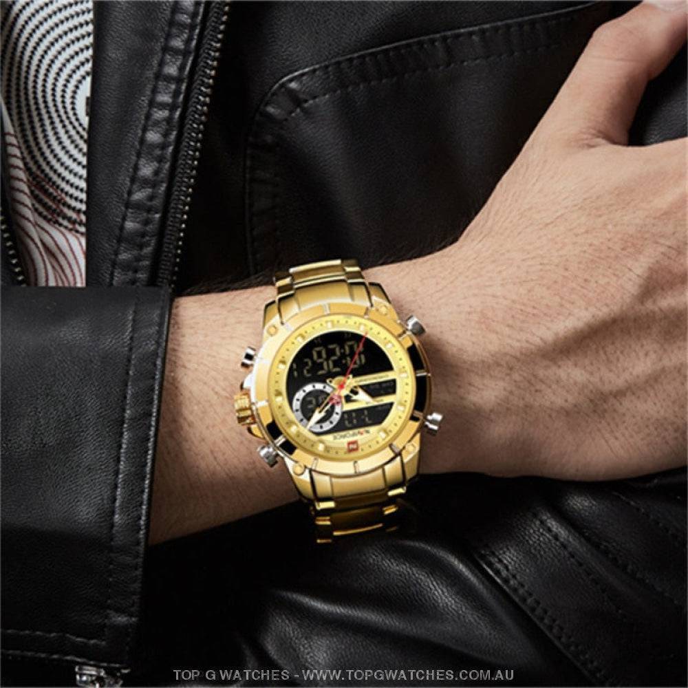 Gold NaviForce Men Sports Dual Analogue Quartz Digital 3ATM Waterproof Watch - Top G Watches