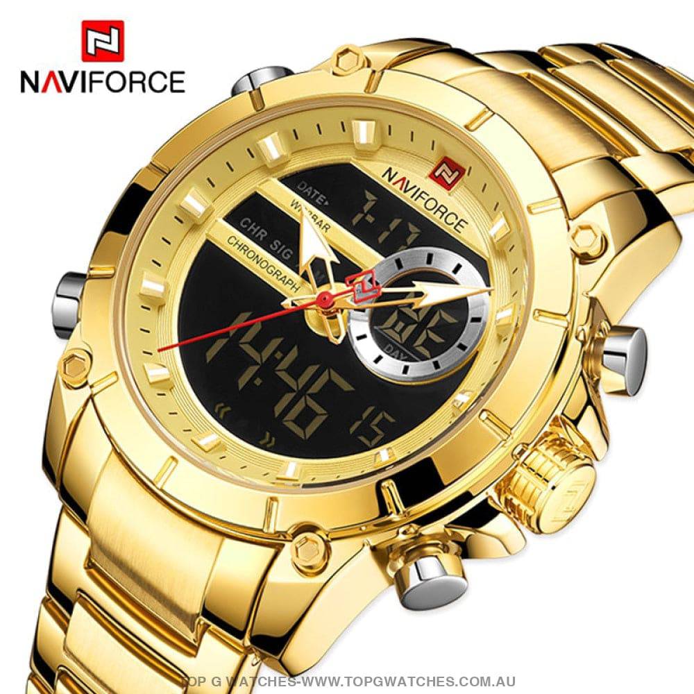 Gold NaviForce Men Sports Dual Analogue Quartz Digital 3ATM Waterproof Watch - Top G Watches