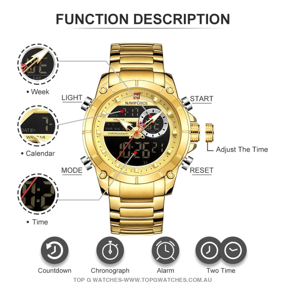Gold NaviForce Men Sports Dual Analogue Quartz Digital 3ATM Waterproof Watch - Top G Watches