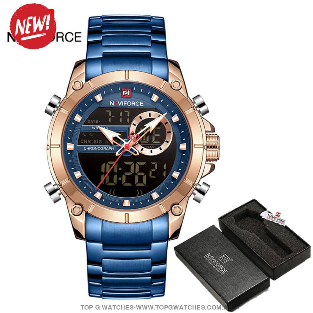 Gold NaviForce Men Sports Dual Analogue Quartz Digital 3ATM Waterproof Watch - Top G Watches