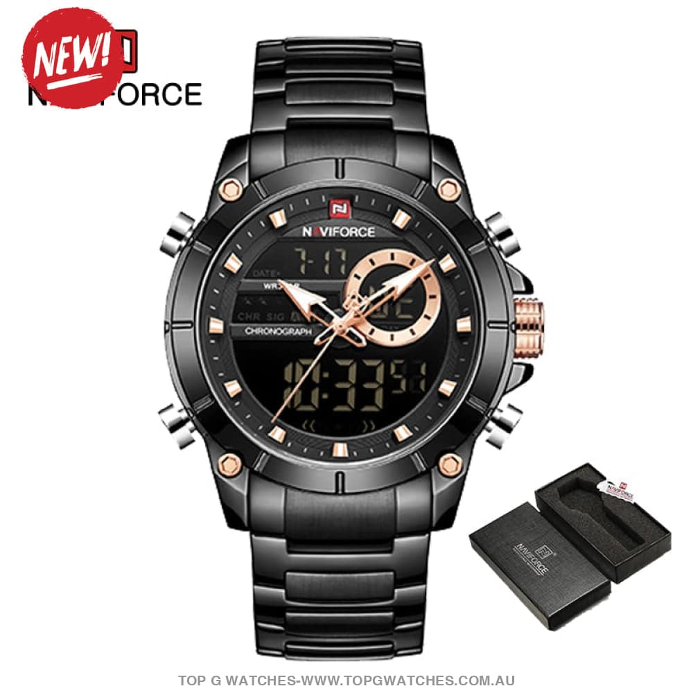 Gold NaviForce Men Sports Dual Analogue Quartz Digital 3ATM Waterproof Watch - Top G Watches