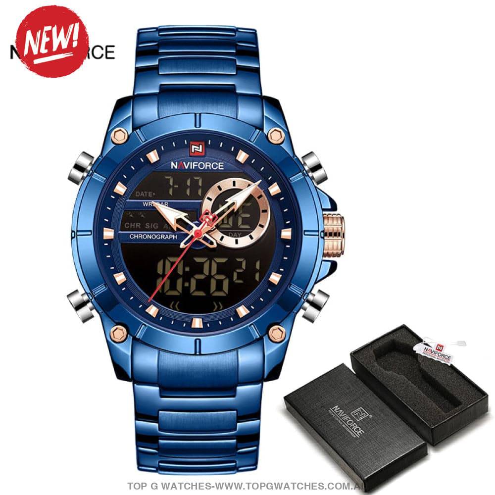 Gold NaviForce Men Sports Dual Analogue Quartz Digital 3ATM Waterproof Watch - Top G Watches