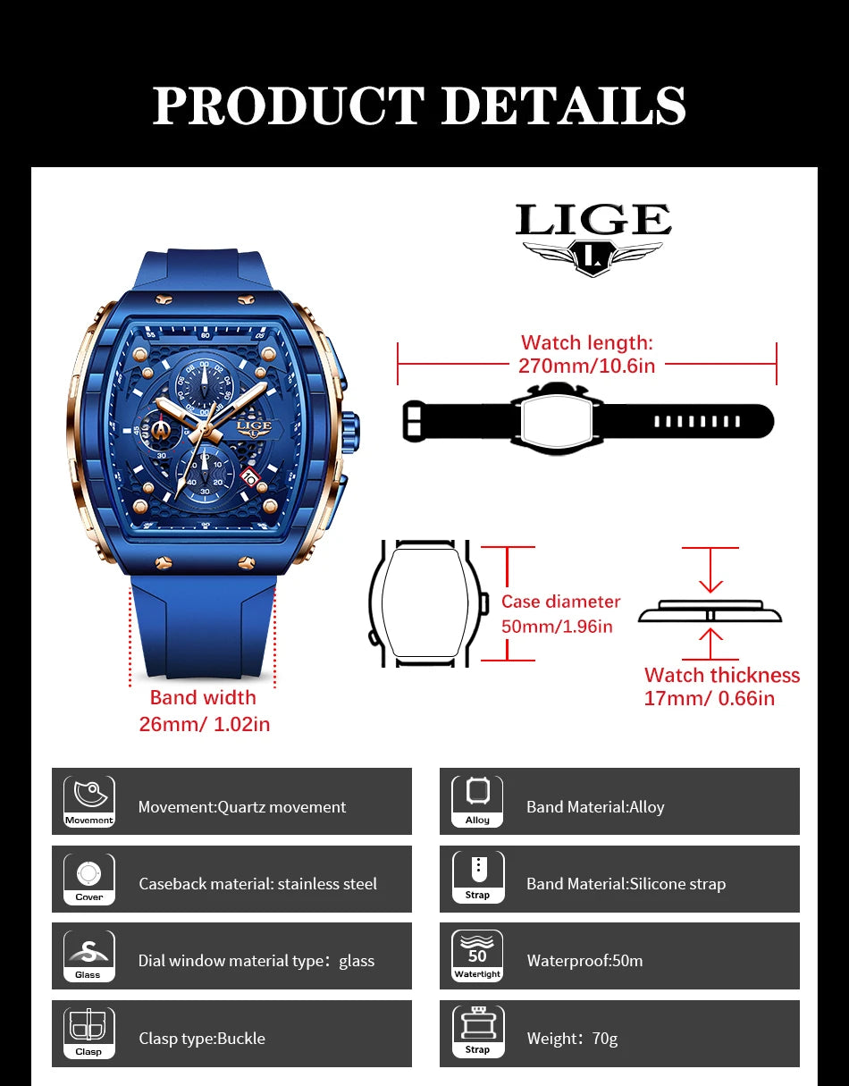 NEW Lige Tonneau Waterproof Sports Chronograph Quartz Watch - Top G Watches