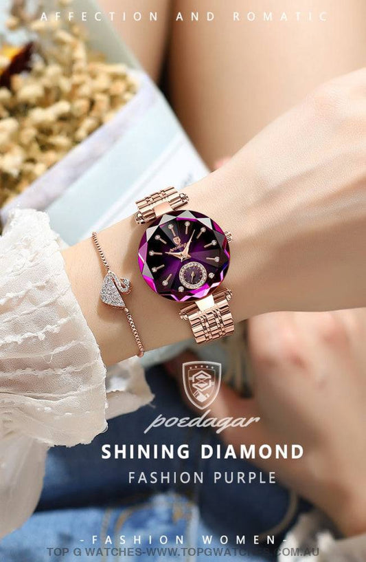 RoseGold Poedagar Amethyst Emerald Elegant Waterproof Diamond Ladies' Quartz Wristwatch - Top G Watches