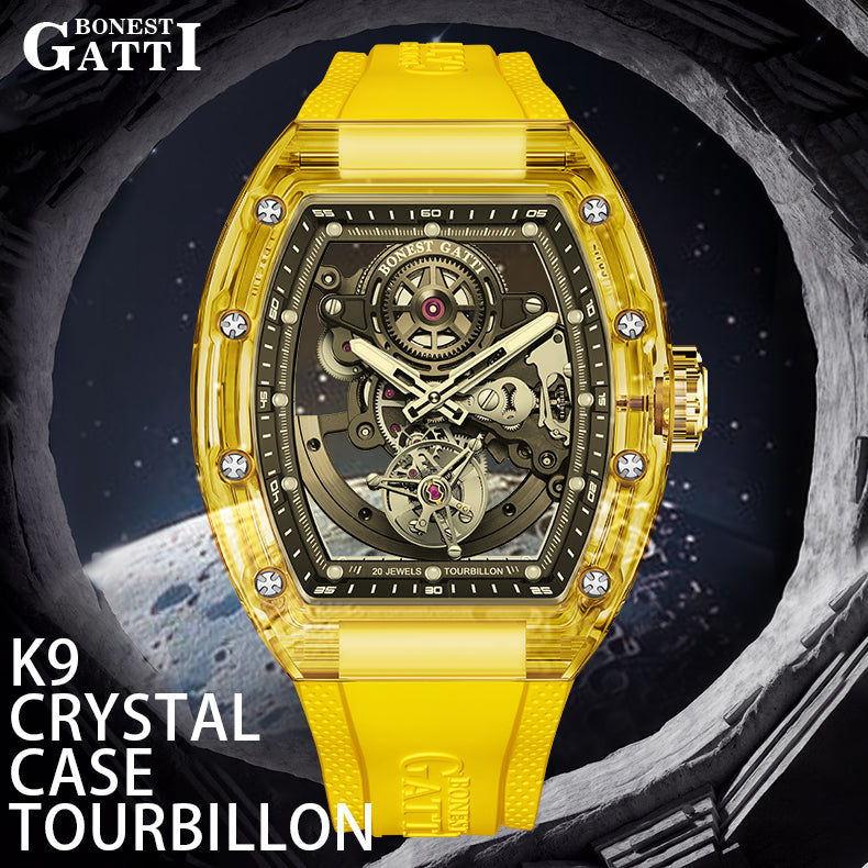 BONEST GATTI Tourbillon K9 Crystal Transparent Case Tonneau watch Skeleton Movement  Watch Fluororubber Strap BG7001 - Top G Watches