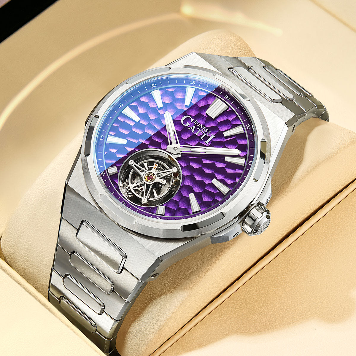 BONEST GATTI Hammer Pattern Automatic Tourbillon Watch Self Wind 80H Power Reserve Sapphire Crystal Luminous Watch BG7005 - Top G Watches