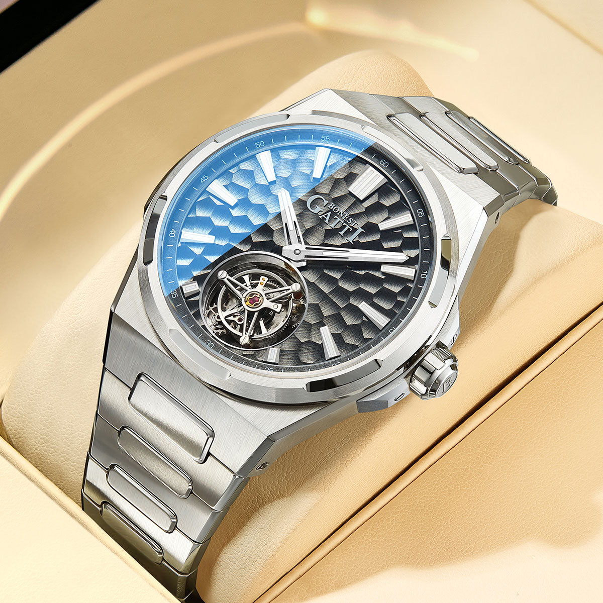 BONEST GATTI Hammer Pattern Automatic Tourbillon Watch Self Wind 80H Power Reserve Sapphire Crystal Luminous Watch BG7005 - Top G Watches