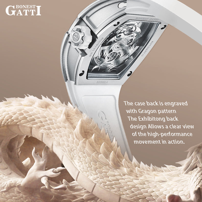 BONEST GATTI Tonneau Shaped Dragon theme frosted gold finishing Case Men's Automatic Mechanical Watch Luminous GB5003 - Top G Watches