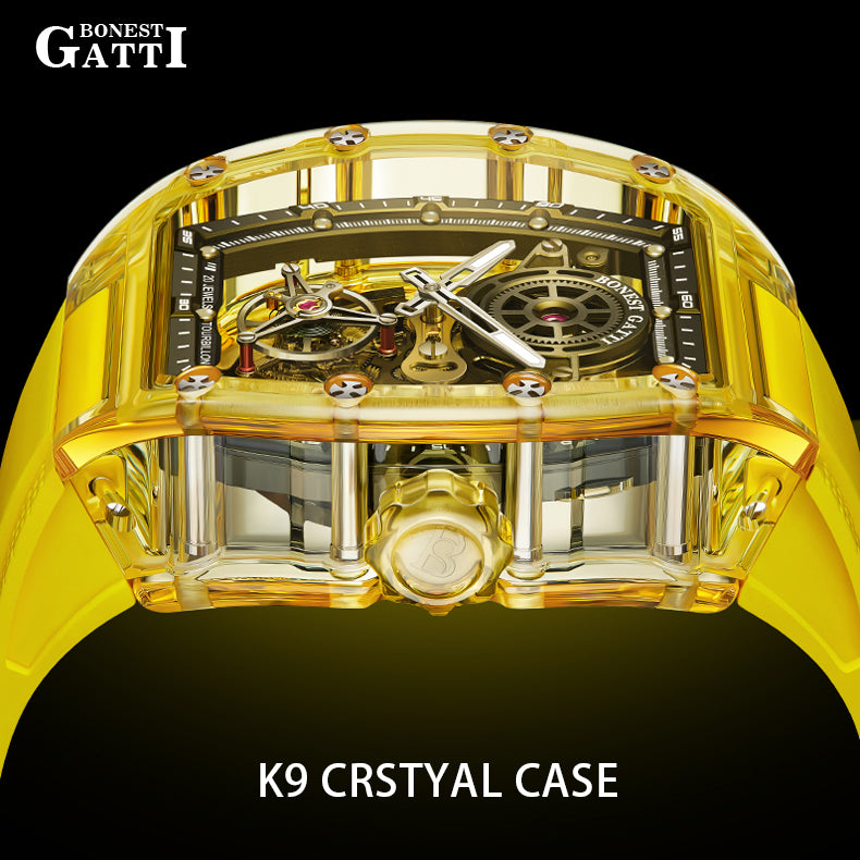 BONEST GATTI Tourbillon K9 Crystal Transparent Case Tonneau watch Skeleton Movement  Watch Fluororubber Strap BG7001 - Top G Watches