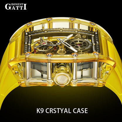 BONEST GATTI Tourbillon K9 Crystal Transparent Case Tonneau watch Skeleton Movement  Watch Fluororubber Strap BG7001 - Top G Watches