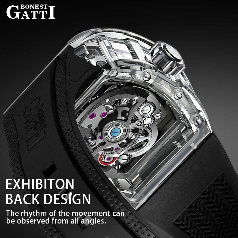 BONEST GATTI Tourbillon K9 Crystal Transparent Case Tonneau watch Skeleton Movement  Watch Fluororubber Strap BG7001 - Top G Watches