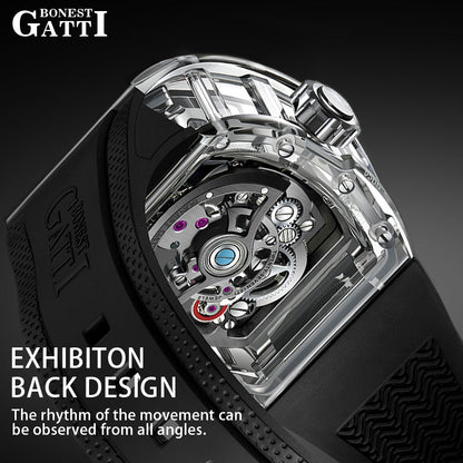 BONEST GATTI Tourbillon K9 Crystal Transparent Case Tonneau watch Skeleton Movement  Watch Fluororubber Strap BG7001 - Top G Watches