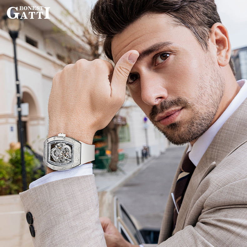 BONEST GATTI Tonneau Shaped Dragon theme frosted gold finishing Case Men's Automatic Mechanical Watch Luminous GB5003 - Top G Watches