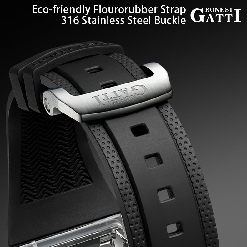 BONEST GATTI Tourbillon K9 Crystal Transparent Case Tonneau watch Skeleton Movement  Watch Fluororubber Strap BG7001 - Top G Watches