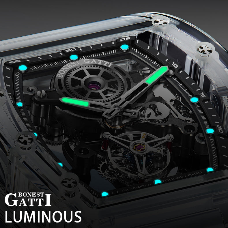 BONEST GATTI Tourbillon K9 Crystal Transparent Case Tonneau watch Skeleton Movement  Watch Fluororubber Strap BG7001 - Top G Watches