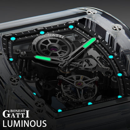 BONEST GATTI Tourbillon K9 Crystal Transparent Case Tonneau watch Skeleton Movement  Watch Fluororubber Strap BG7001 - Top G Watches