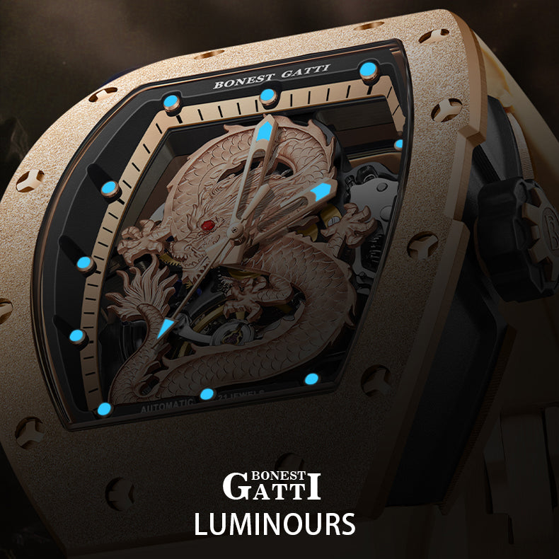 BONEST GATTI Tonneau Shaped Dragon theme frosted gold finishing Case Men's Automatic Mechanical Watch Luminous GB5003 - Top G Watches
