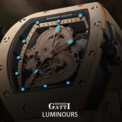 BONEST GATTI Tonneau Shaped Dragon theme frosted gold finishing Case Men's Automatic Mechanical Watch Luminous GB5003 - Top G Watches