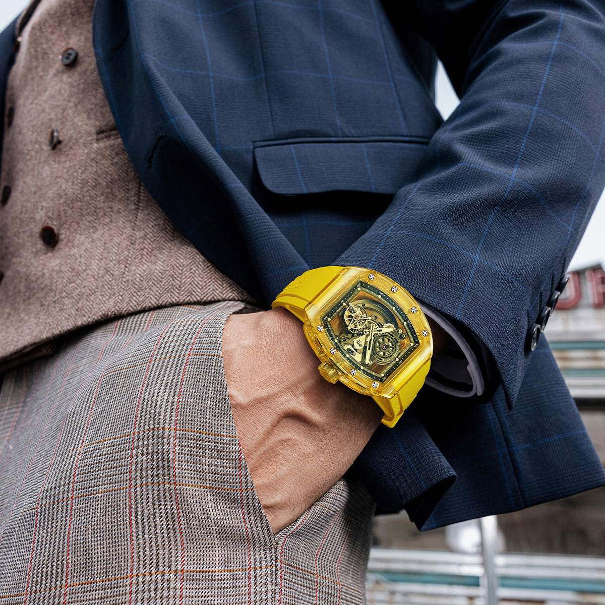 BONEST GATTI Tourbillon K9 Crystal Transparent Case Tonneau watch Skeleton Movement  Watch Fluororubber Strap BG7001 - Top G Watches