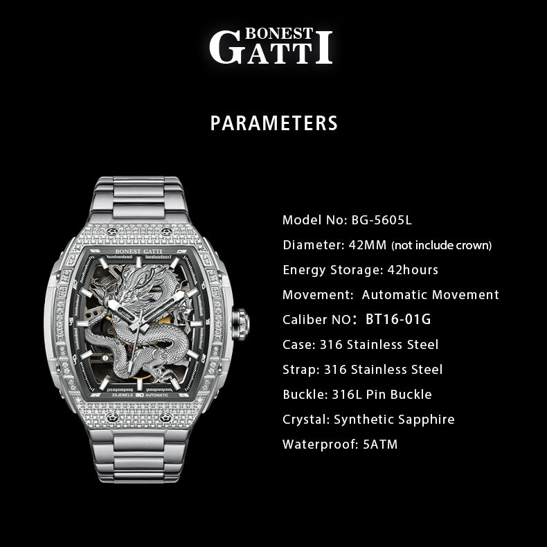Bonest Gatti Barrel Dragon BG5605S – Steel Bracelet Automatic with Zircon Bezel - Top G Watches