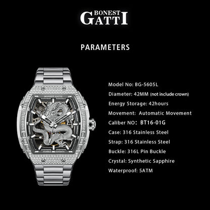Bonest Gatti Barrel Dragon BG5605S – Steel Bracelet Automatic with Zircon Bezel - Top G Watches