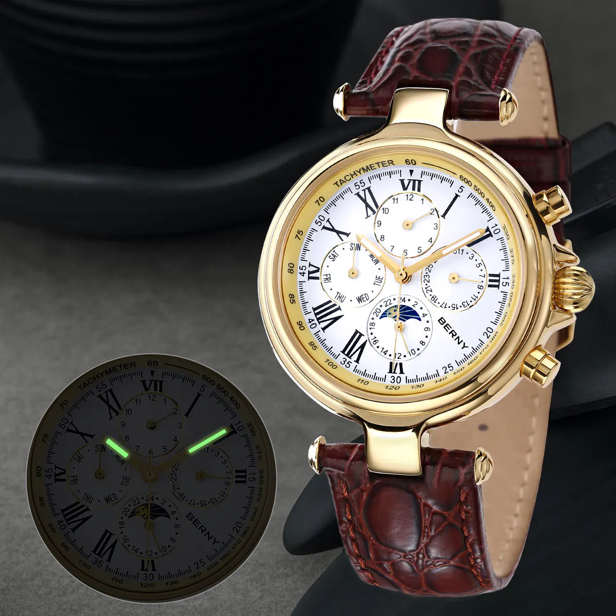 BERNY AM7042M Automatic Full Calendar Dress Watch – Roman Numerals - Top G Watches