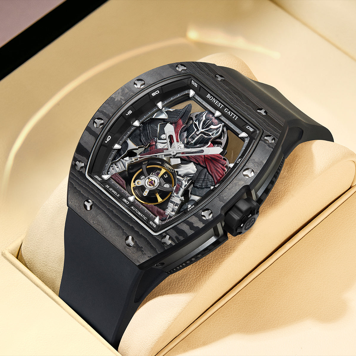 BONEST GATTI Automatic Tonneau Watch Spartan Warrior Series Carbon Fiber Skeleton Self Wind Movement Sapphire Crystal Luminous Watch BG9009 - Top G Watches