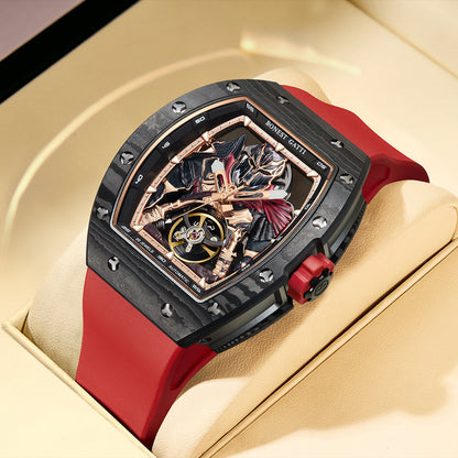BONEST GATTI Automatic Tonneau Watch Spartan Warrior Series Carbon Fiber Skeleton Self Wind Movement Sapphire Crystal Luminous Watch BG9009 - Top G Watches