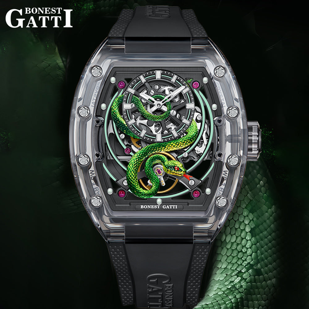 Bonest Gatti BG6004 Transparent Emerald Snake Dial – Skeleton Tonneau Watch - Top G Watches
