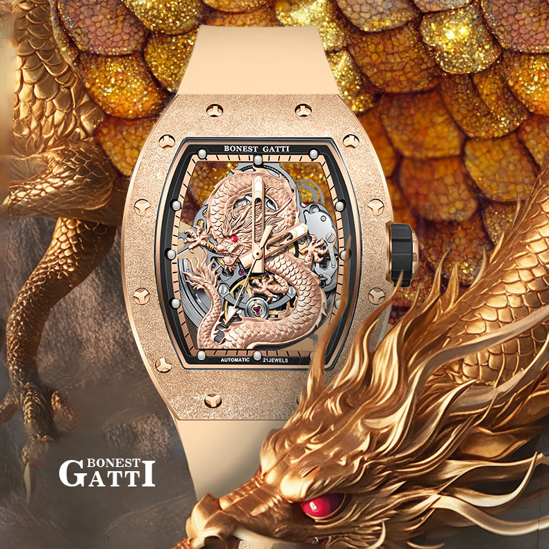 BONEST GATTI Tonneau Shaped Dragon theme frosted gold finishing Case Men's Automatic Mechanical Watch Luminous GB5003 - Top G Watches