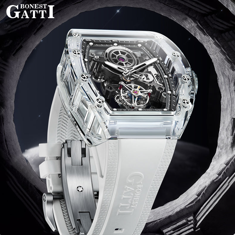 BONEST GATTI Tourbillon K9 Crystal Transparent Case Tonneau watch Skeleton Movement  Watch Fluororubber Strap BG7001 - Top G Watches