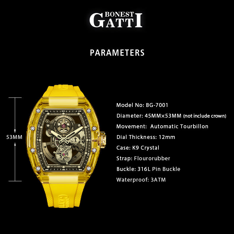 BONEST GATTI Tourbillon K9 Crystal Transparent Case Tonneau watch Skeleton Movement  Watch Fluororubber Strap BG7001 - Top G Watches