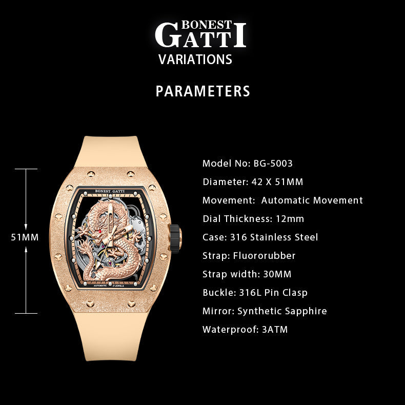 BONEST GATTI Tonneau Shaped Dragon theme frosted gold finishing Case Men's Automatic Mechanical Watch Luminous GB5003 - Top G Watches