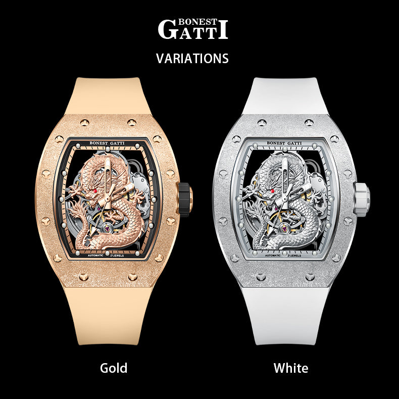 BONEST GATTI Tonneau Shaped Dragon theme frosted gold finishing Case Men's Automatic Mechanical Watch Luminous GB5003 - Top G Watches